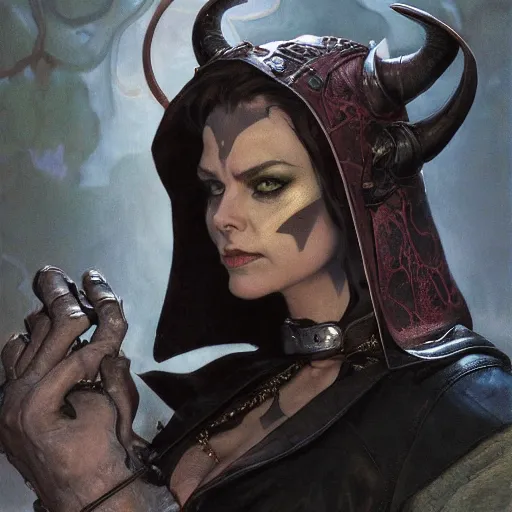 Prompt: portrait of a surly and resentful female tiefling thief with small horns clothed in leather armor and a cloak, angry expression, torso and head only, by Greg Rutkowski and John Collier and Krenz Cushart and Artem Demura and Alphonse Mucha and Albert Aublet, as seen on ArtStation, 4k, dungeons and dragons, very aesthetic, very detailed, intricate, unreal, fantasy, dramatic, painterly, artstation, sharp focus, smooth