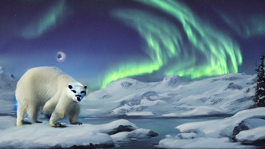 Prompt: an oil painting of a close - up polar bear traversing a snowy landscape at night, the northern lights and the moon are visible