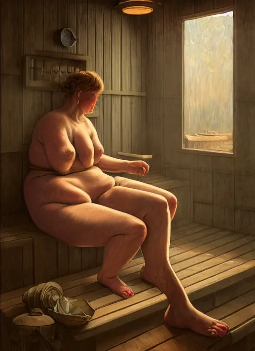 Image similar to giant woman in finnish sauna, backround dark, highly detailed, digital illustration, trending in artstation, modern painting, smooth, sharp focus, intricate, einar jonsson, ilya repin