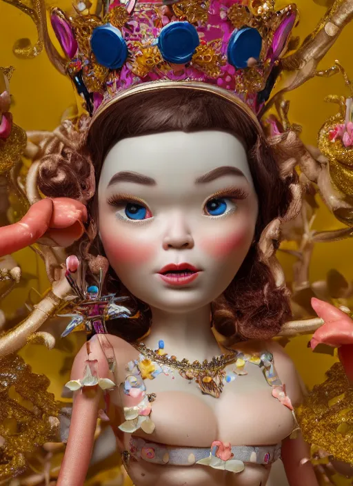 Image similar to closeup face profile portrait of tin toy bjork as a fairytale princess wearing a crown eating cakes, bikini, depth of field, zeiss lens, detailed, symmetrical, centered, fashion photoshoot, by nicoletta ceccoli, mark ryden, lostfish, breathtaking, 8 k resolution, extremely detailed, beautiful, establishing shot, artistic, hyperrealistic, octane render