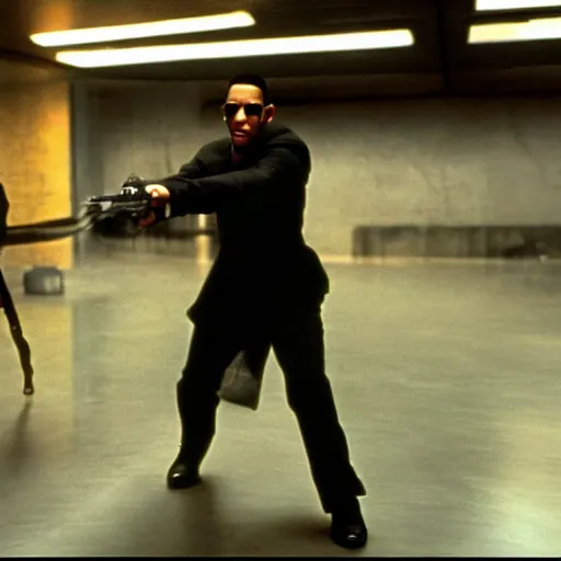 Prompt: film still of Will Smith as Neo in The Matrix fighting an agent