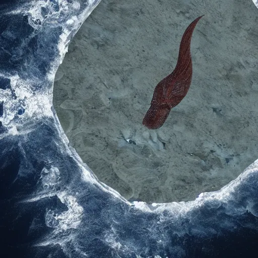 Image similar to top down view of an alien ocean with sea serpent emerging on top of it, detailed, cinematic lighting, storm is happening, unreal engine 4 render, artstaion