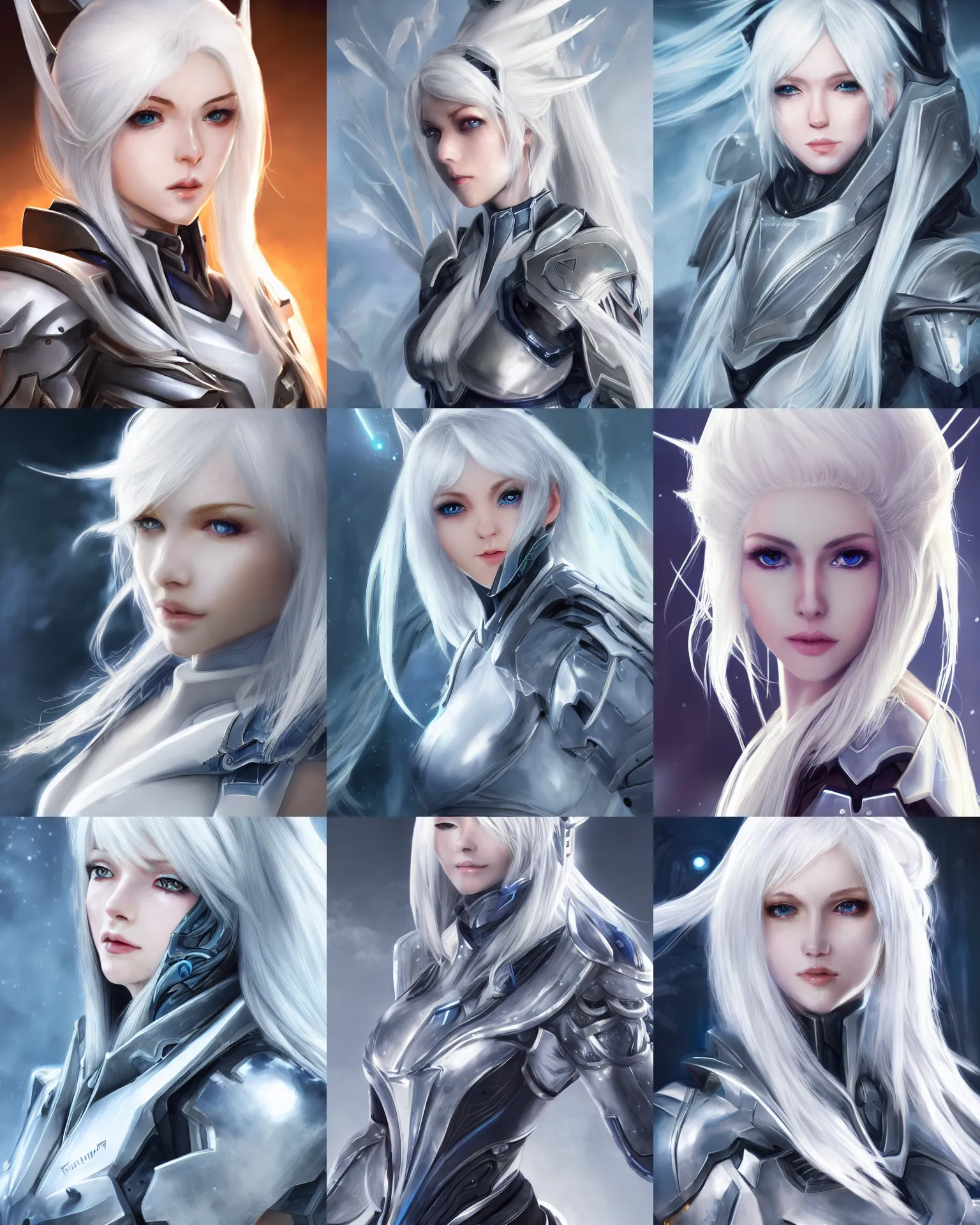 Prompt: detailed portrait of perfect white haired girl, warframe armor, beautiful, dreamy, pretty face, blue eyes, bright light, scifi, 4 k, high definition, sun yunjoo, ultra realistic, aura of light, cinematic, extreme details, sharp focus, masterpiece, art by akihito tsukushi