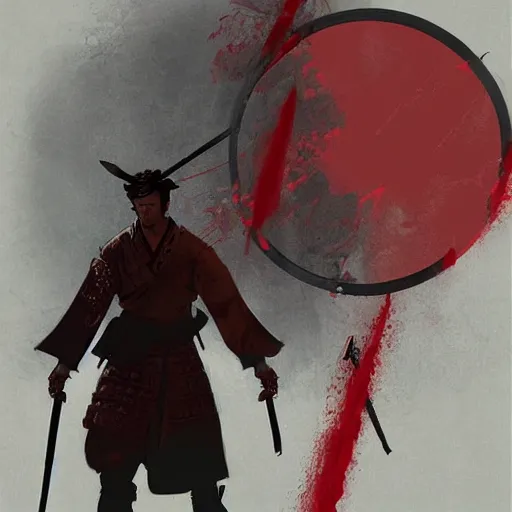 Image similar to artwork by Craig Mullins and Russ Mills and SPARTH showing a well-adjusted samurai in front of a red circle