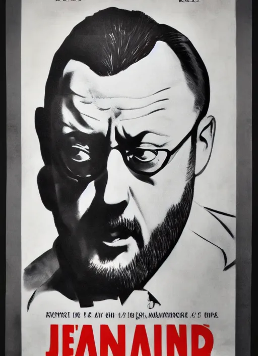 Prompt: Portrait Jean Reno gesture,look of hate, threatening pose, 1940s propaganda poster, full hd,highly detailed