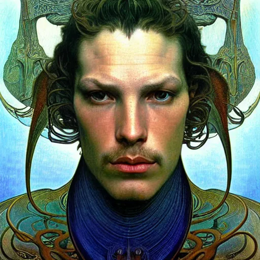 Prompt: realistic extremely detailed portrait painting of an average man ,futuristic , by Jean Delville, Amano, Yves Tanguy, Alphonse Mucha, Ernst Haeckel, Edward Robert Hughes, Roger Dean, rich moody colors, blue eyes