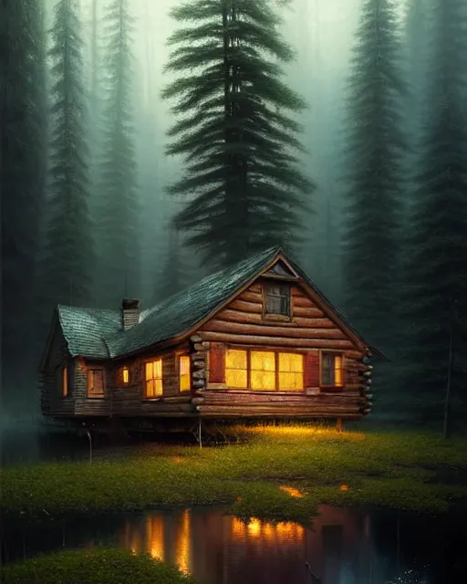 Image similar to a hyper - detailed 3 d render like an oil painting of cabin in the woods floating inside our own consciousness!!!!! surreal concept art, lifelike, photorealistic, digital painting, aesthetic, smooth, sharp focus, artstation hd, by greg rutkowski, bruce pennington, valentina remenar, rhads, asher duran,