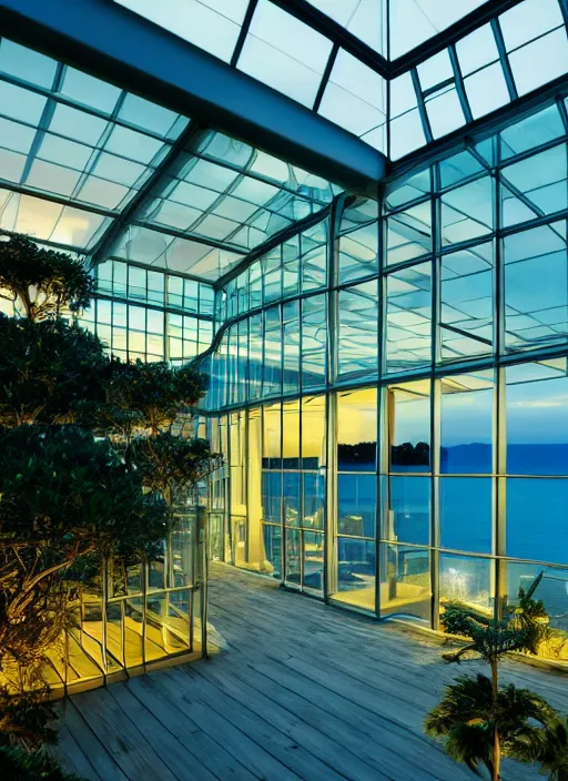 Prompt: photo of a gorgeous glass house by the sea at night, realistic, sharp focus, 8 k high definition, insanely detailed, intricate, elegant