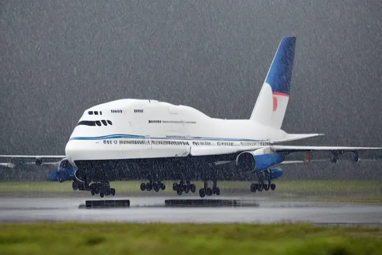 Image similar to detailed photo of a boeing 7 4 7 landing at a 4 5 degree angle, on a runway in heavy rain and wind, photo from a spectator, 8 k, natural lighting