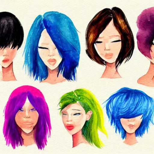 Prompt: females standing with different hairstyles, watercolored, colorful