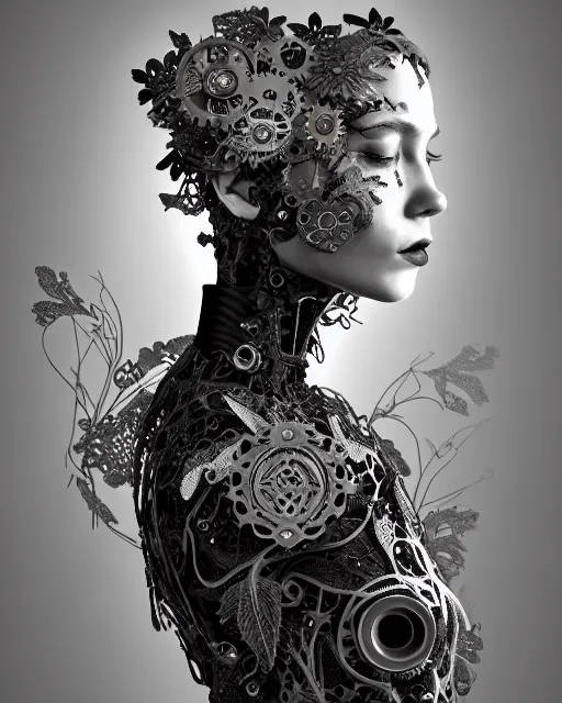 Image similar to monochrome profile portrait painting, silver lace floral steampunk biomechanical beautiful young female cyborg with techno eye, volumetric light, leaves foliage and stems, hibiscus flowers, sinuous fine roots, fine foliage lace, alexander mcqueen, rim light, big gothic fashion pearl embroidered collar, octane render, dutch masters, 8 k