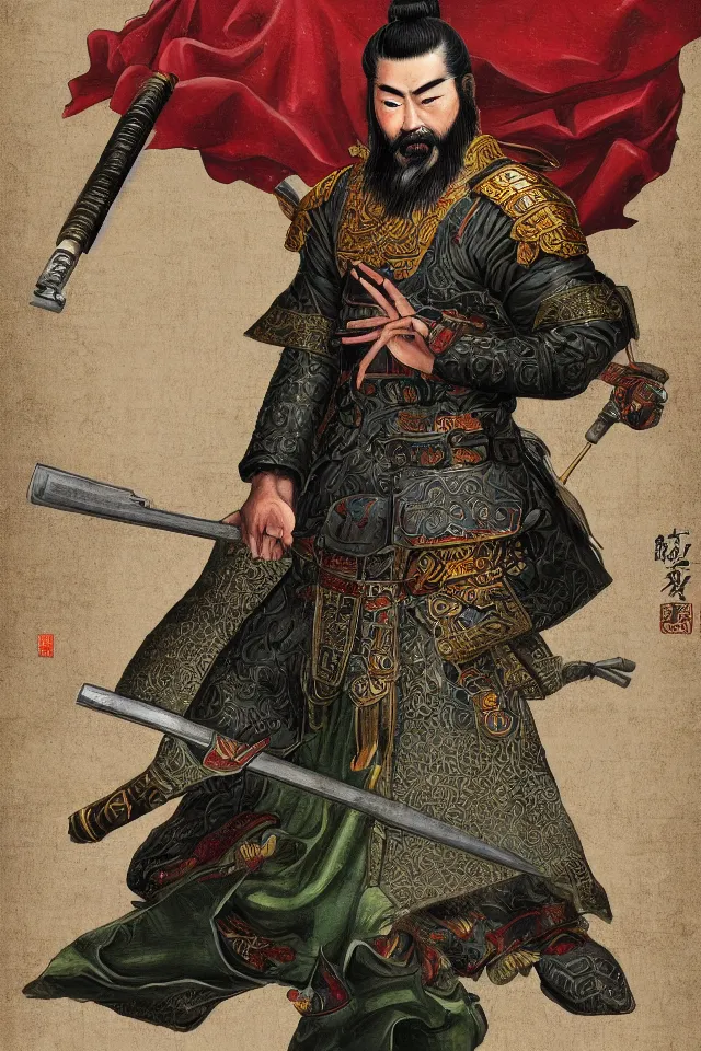 Prompt: a portrait of guan yu with a m 1 6 a 1, in the art style of han - era art, three kingdoms artsyle, artistic, highly detailed 4 k