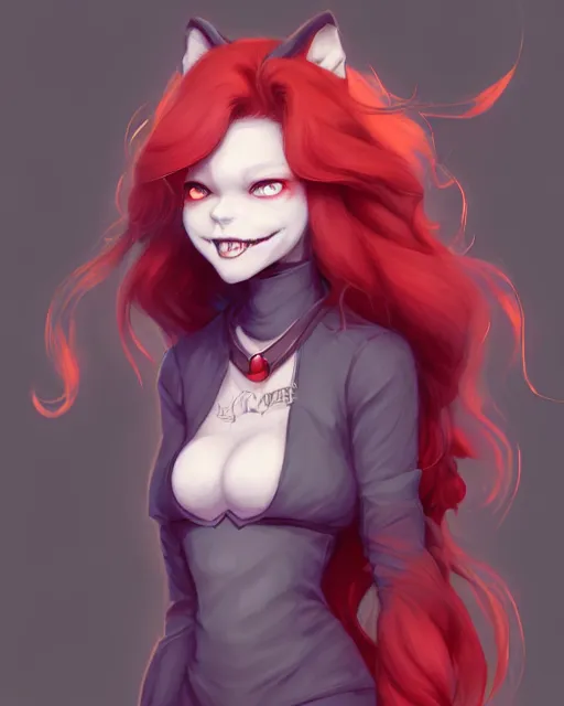 Image similar to character concept art of a dark grey anthropomorphic furry wolf with long red hair | | cute - fine - face, pretty face, key visual, realistic shaded perfect face, fine details by stanley artgerm lau, wlop, rossdraws, james jean, andrei riabovitchev, marc simonetti, and sakimichan, artstation