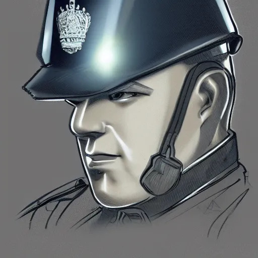 Image similar to A British police officer wearing a custodian helmet, highly detailed, ambient lighting, trending on art station, anime art style
