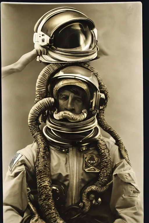 Image similar to extremely detailed studio portrait of space astronaut, tentacle coming out of mouth, helmet is off, helmet i in lap, full body, soft light, golden glow, award winning photo by james van der zee