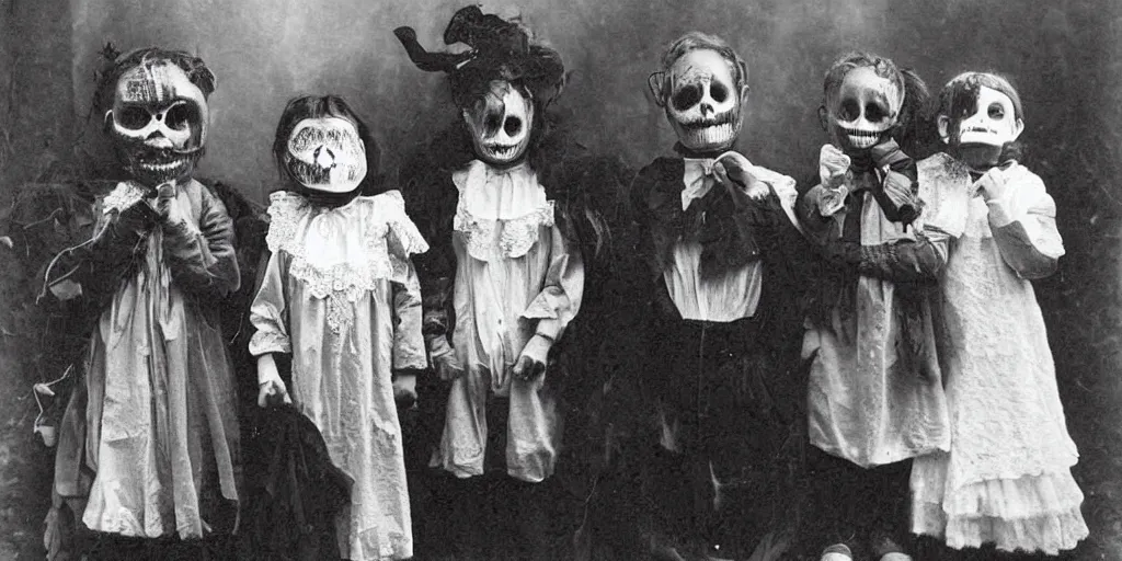 Image similar to victorians wearing vintage scary halloween mask, 1 9 0 0 s picture