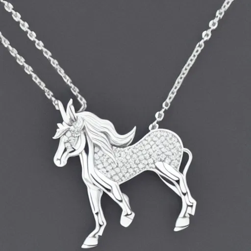 Image similar to a lovely silver cartoon unicorn necklace pendant, 3 d rendering, pandora style, tiffany style, swarovski style, van cleef & arpels style, cartier style, boucheron style, bulgari style, chaumet style, elegant, noble, stylish