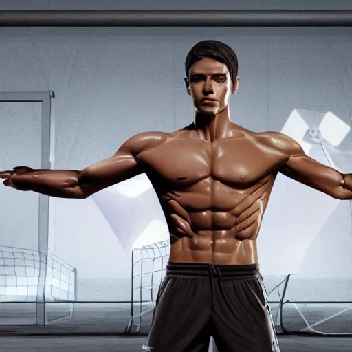 Image similar to a realistic detailed photo of a guy who is an attractive humanoid who is half robot and half humanoid, who is a male android, attractive and handsome soccer players, shiny skin, posing like a statue, blank stare, in a factory, on display, showing off his muscles, wearing soccer shorts, side view, looking at each other mindlessly