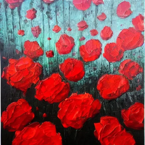 Image similar to oil painting of many various red flowers painted on a black background, the flowers are floating, dark atmosphere, realistic flowers oil painting