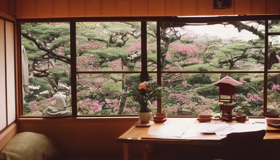 Image similar to 1 9 9 0 s candid 3 5 mm photo of a beautiful day in the a dreamy japanese flowery cottage designed by gucci, cinematic lighting, cinematic look, golden hour, a desk for flower arrangements and journaling has sun shinning on it through a window, temple in the distance, uhd