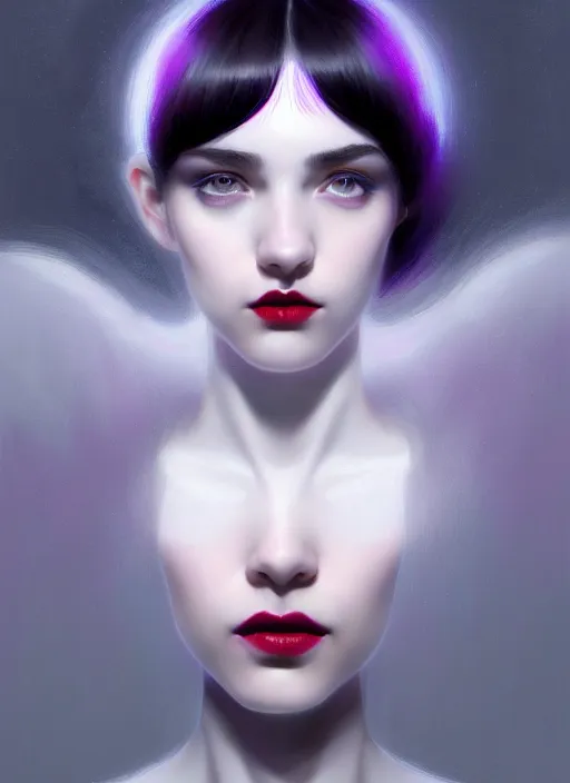 Prompt: portrait of pale teenage girl, red irises, black hair, white bangs, purple lipstick, white bangs, bangs, intricate, elegant, glowing lights, highly detailed, digital painting, artstation, concept art, smooth, sharp focus, illustration, art by wlop, mars ravelo and greg rutkowski