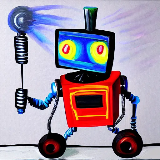 Prompt: funny robot painting a canvas, highly detailed, photorealism