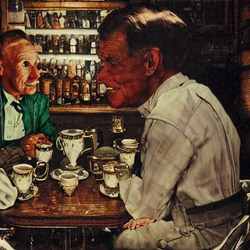 Image similar to dragwads, british dragons, ultraterrestrial dragons, drinking tea and gin at at the local tavern, subsurface scattering, soft colors, don't look out the front door no matter what you do, drawn by norman rockwell