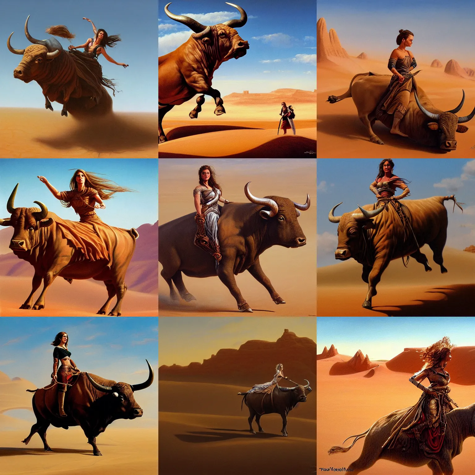 Prompt: detailed painting of a woman ridding a huge bull, desert landscape, dune movie, telephoto, trending on artstation, by ted nasmith