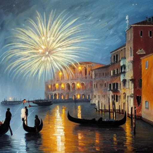 Image similar to an oil painting of couple kissing, in a background fireworks in venice