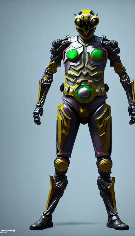 Image similar to full body of kamen rider, big belt hero action pose, human structure bee concept art, human anatomy, intricate detail, hyperrealistic art and illustration by irakli nadar and alexandre ferra, unreal 5 engine highlly render, global illumination