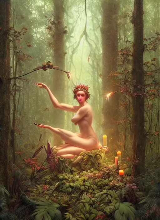 Prompt: a hyper realistic floating fairy shrine, candles, in the woods, gorgeous lighting, lush forest foliage, explosions painting by chiara bautista and tom bagshaw, mucha, beksinski and norman rockwell and greg rutkowski weta studio, and lucasfilm