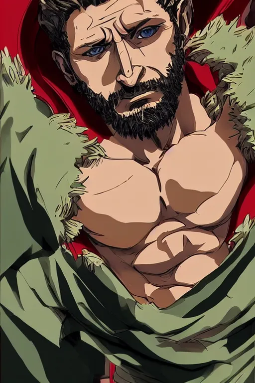 Image similar to Bearded handsome-spartan man Gerard-butler wearing red-cape, bodybuilder posing, portrait, JoJo cover art, JoJo anime style, David Production, style of Vento Aureo cover art, style of Stone Ocean cover art, style of Steel Ball Run cover art, style of JoJolion cover art, Ilya Kuvshinov style, Alexandra Fomina ArtStation, illustrated by Hirohiko Araki