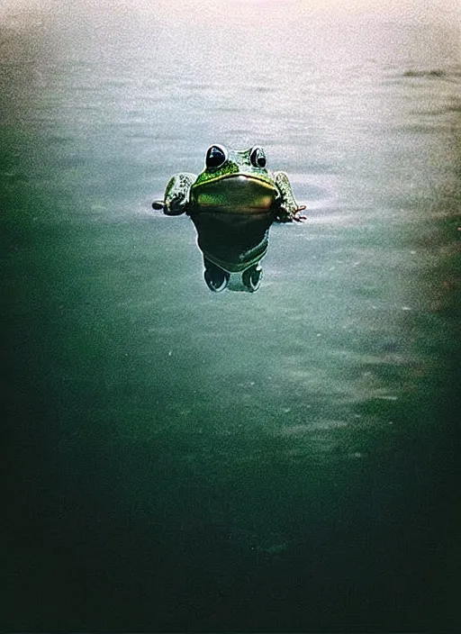 Image similar to “semitranslucent smiling frog vertically hovering over misty lake waters in jesus christ pose, low angle, long cinematic shot by Andrei Tarkovsky, paranormal, eerie, mystical”