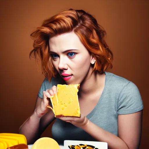 Image similar to beautiful portrait photo of Scarlett Johansson eating velveeta cheese staring sensually at the camera, 85mm