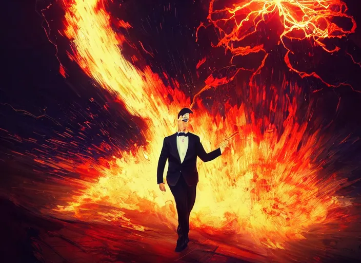 Prompt: a man wearing a suit, engulfed in a whirling fire tornado firestorm, emitting smoke and sparks, fantasy, cinematic, fine details by realistic shaded lighting poster by ilya kuvshinov katsuhiro otomo, magali villeneuve, artgerm, jeremy lipkin and michael garmash and rob rey