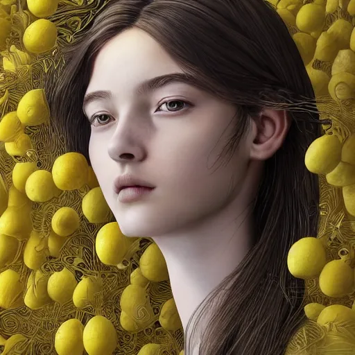 Image similar to the portrait of an absurdly beautiful, graceful, elegant, sophisticated, young teen girl made up of lemons looking up, an ultrafine hyperdetailed illustration by kim jung gi, irakli nadar, intricate linework, bright colors, octopath traveler, final fantasy, unreal engine 5 highly rendered, global illumination, radiant light, detailed and intricate environment