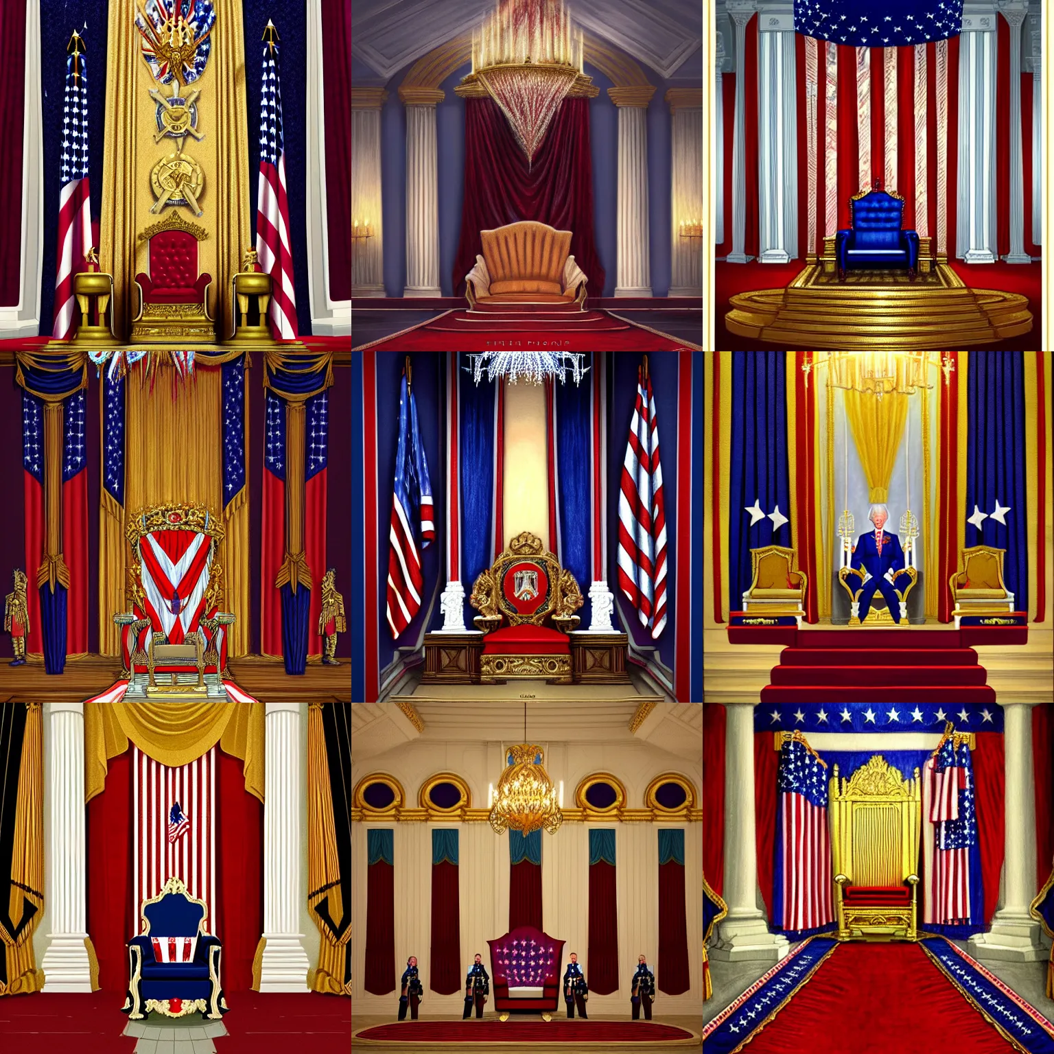 Prompt: throne room of the united states presidents throne room, fantasy art, trending on artstation, patriotic, fourth of july, god bless america by john blanche