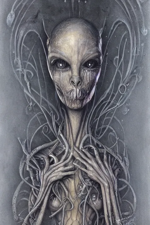 Prompt: portrait of a grey alien anthropomorphic disney princess in the style of dariusz zawadzki, zdzislaw beksinski, giger, cam de leon, and stephen gammell