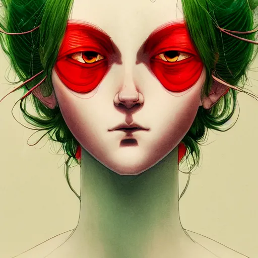 Image similar to prompt : pale red and deep green portrait soft light painted by james jean and katsuhiro otomo and erik jones, inspired by evangeleon anime, smooth face feature, intricate oil painting, high detail illustration, sharp high detail, manga and anime 1 9 9 9