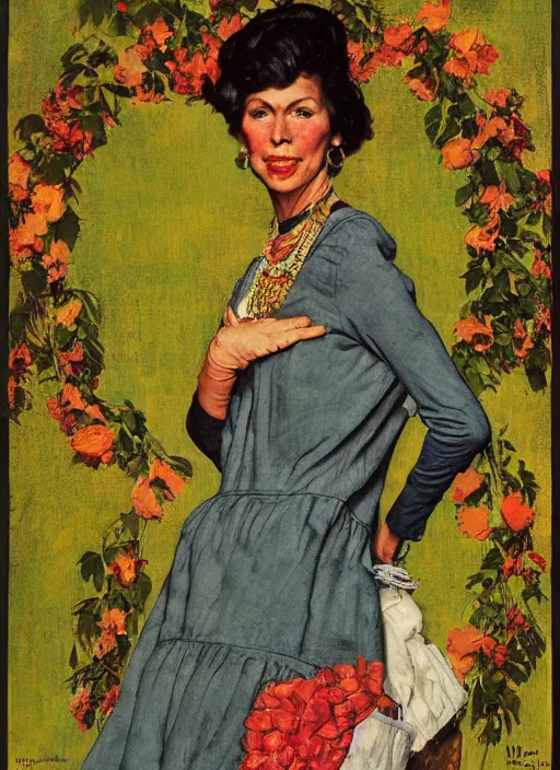 Prompt: a 1 9 6 0 portrait by norman rockwell of a hippie gogo woman ultra defined features wearing a cargo weeding dress designed by balenciaga