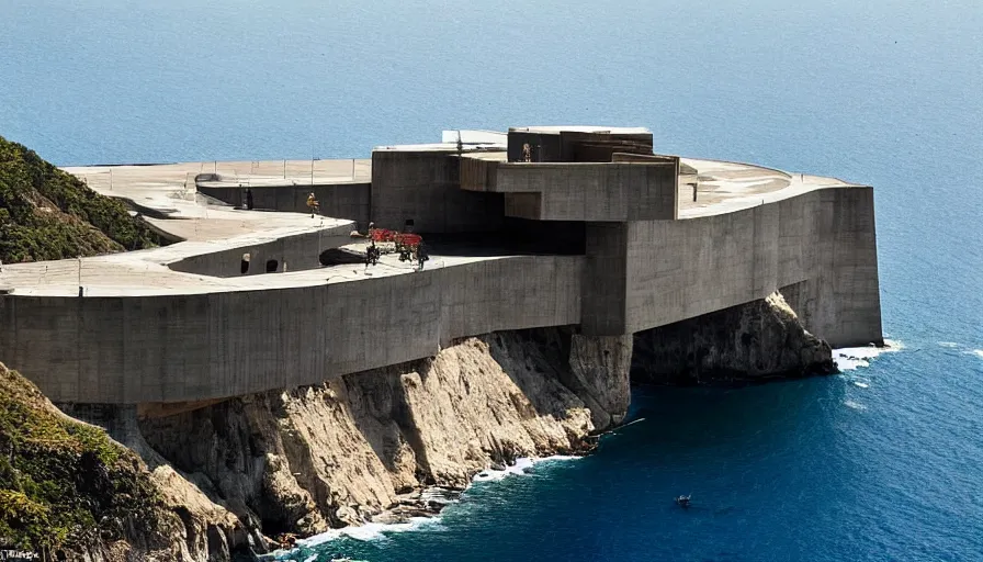 Image similar to big military base perched on a cliff overlooking a magnificient bay, laboratory, drawing architecture, science fiction, pritzker architecture prize, greig fraser