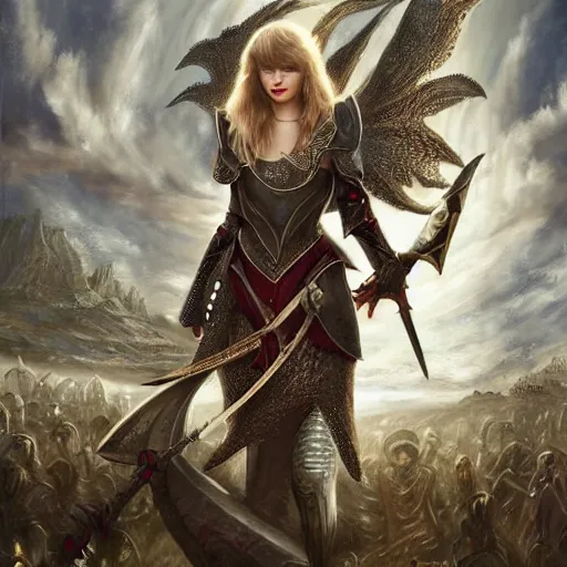 Image similar to the picture of taylor swift in a knight armor, epic fantasy art, mystical, mystic atmosphere, mythology, photo realistic, high detail, ultra realistic, hyper realistic, high definiton, 4 k uhd,