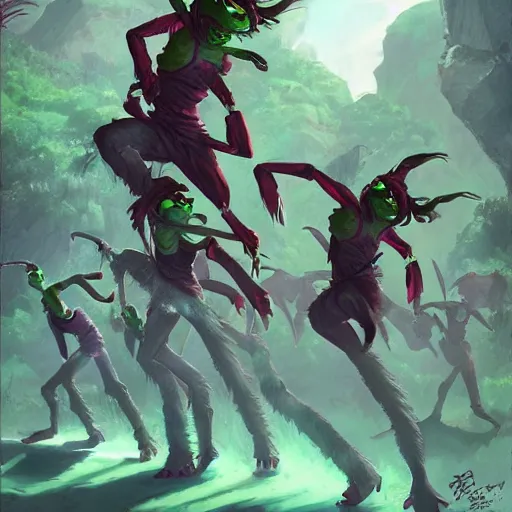 Image similar to a pack of green goblins doing the dance of pain, a fantasy art, hd, trending on artstation, by rhands, makoto shinkai, ilya kuvshinov