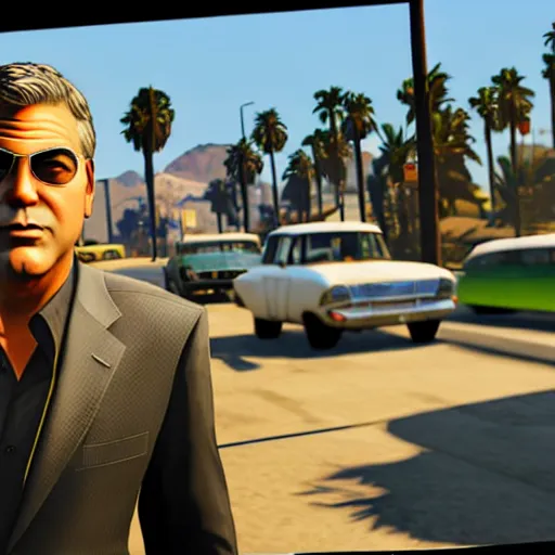 Image similar to george clooney in gta v. los santos in background, palm trees in the art style of stephen bliss