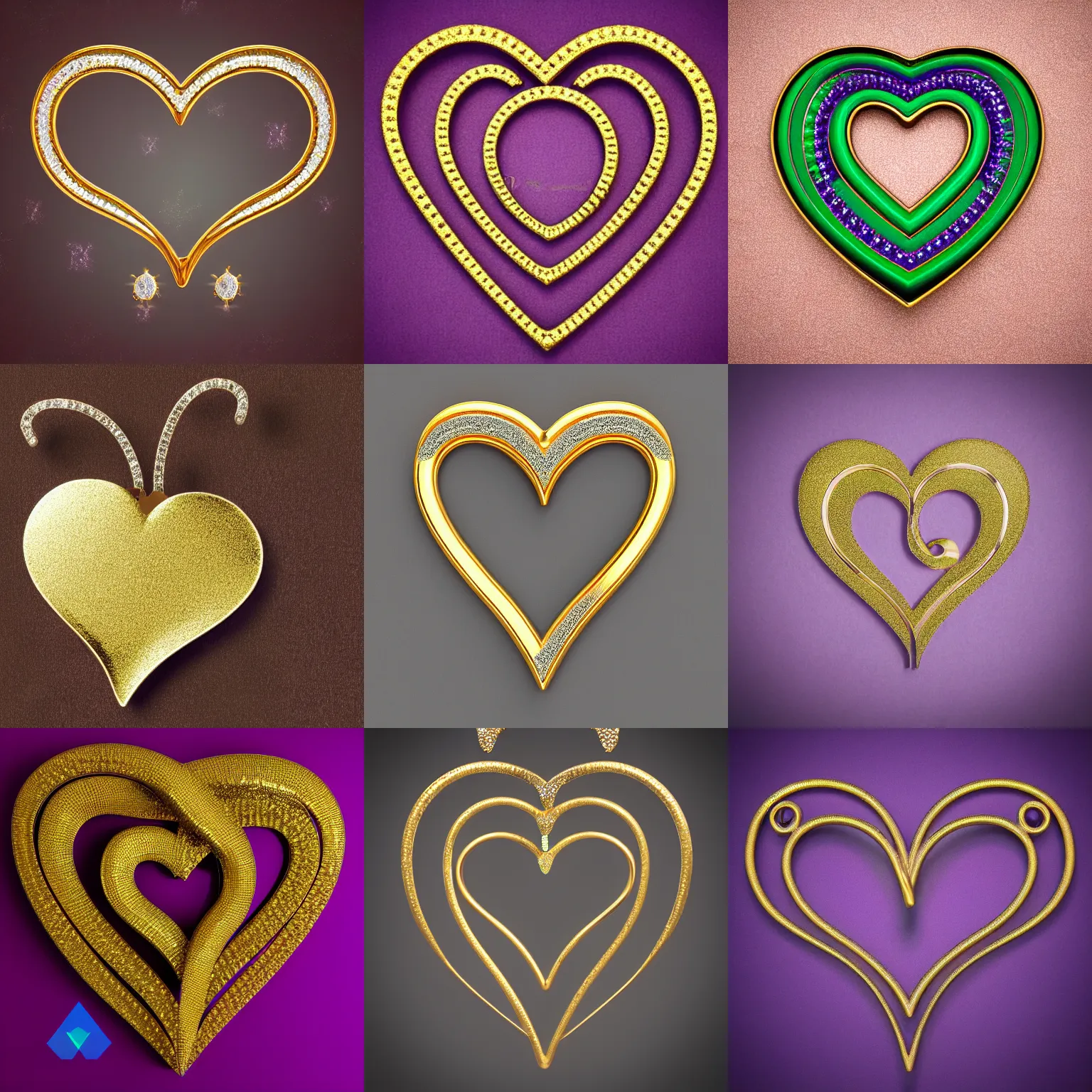 Prompt: mystical gold and diamond thin curly heart shaped hanger with fine purple and green details, ultra detailed, centered, octane render, elegant, on dark background