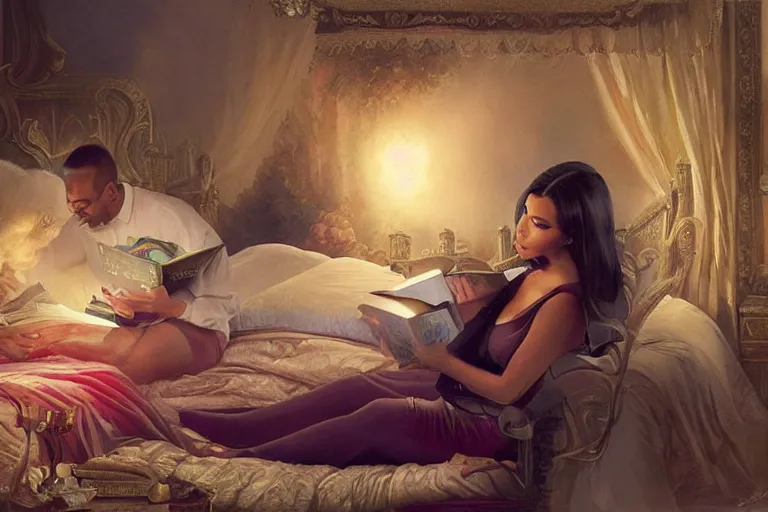 Prompt: portrait of kim kardashian reading a bedtime story to joe biden in bed, an oil painting by ross tran and thomas kincade