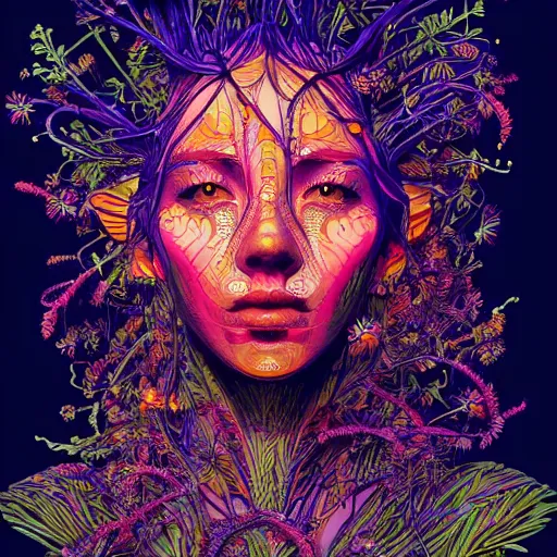 Image similar to the head of an incredibly gorgeous woman partially made of carrots and blueberries looking up, an ultrafine detailed illustration by james jean, final fantasy, intricate linework, bright colors, behance contest winner, vanitas, angular, altermodern, unreal engine 5 highly rendered, global illumination, radiant light, detailed and intricate environment