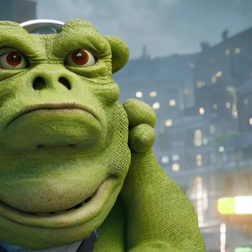 Image similar to mr. bean godzilla super mario pickle rick yoda donkey kong pikachu yeti shrek spongebob homer groot kermit in gears of war, splash art, movie still, detailed face, photorealistic facial features, cinematic lighting, dramatic, octane render, long lens, shallow depth of field, bokeh, anamorphic lens flare, 8 k, hyper detailed, 3 5 mm film grain