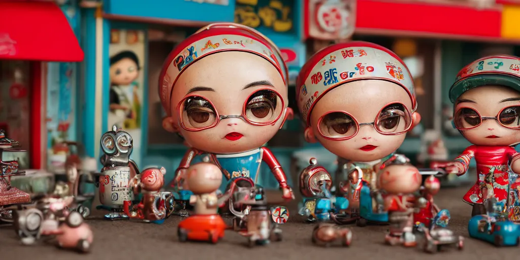 Image similar to closeup portrait of tin toy retro tokyo corner store diorama, depth of field, zeiss lens, detailed, centered, photoshoot, by nicoletta ceccoli, mark ryden, lostfish, breathtaking, 8 k resolution, extremely detailed, beautiful, establishing shot, artistic, hyperrealistic, octane render, - h 8 0 4