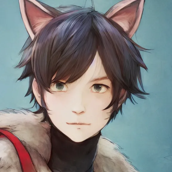 Prompt: character portrait of boy with cat ears and tail resting, color page, tankoban, 4 k, tone mapping, fantasy painting, akihiko yoshida, james jean, andrei riabovitchev, marc simonetti, yoshitaka amano, fluffy, curly, very very very very very very very very very beautiful.